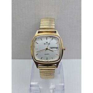 Waltham Vintage Quartz Watch Day Date Gold Tone Square Case Stretch Band